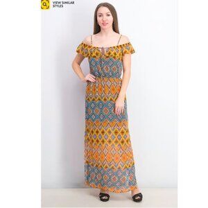 City Studio Women Cold Shoulder Orange Yellow Blue Maxi Dress P1474